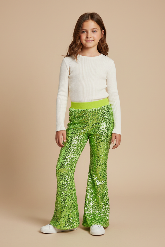 Pantalon Patte D'Éléphant Vert Paillettes Évasé Confortable Fille - Maille
