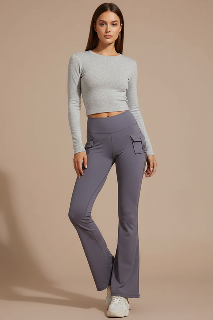Pantalon Patte D'Éléphant Gris Cargo Taille Haute Évasé - Polyester