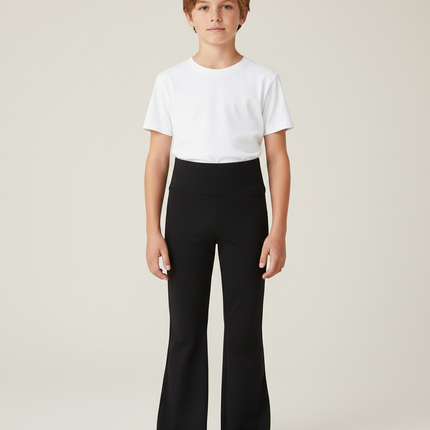 Pantalon Patte D'Éléphant Noir Uni Taille Haute Ample Élastique - Polyester