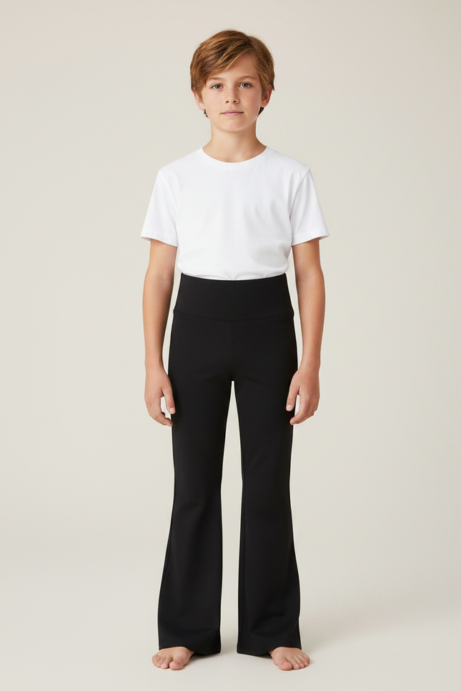 Pantalon Patte D'Éléphant Noir Uni Taille Haute Ample Élastique - Polyester