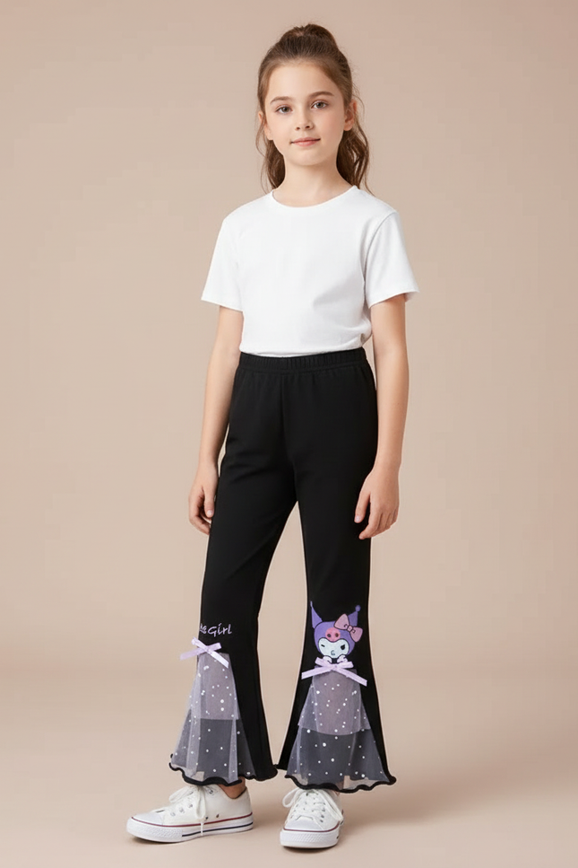 Pantalon Patte D'Éléphant Noir Imprimé Kuromi Tulle Fille - Molleton