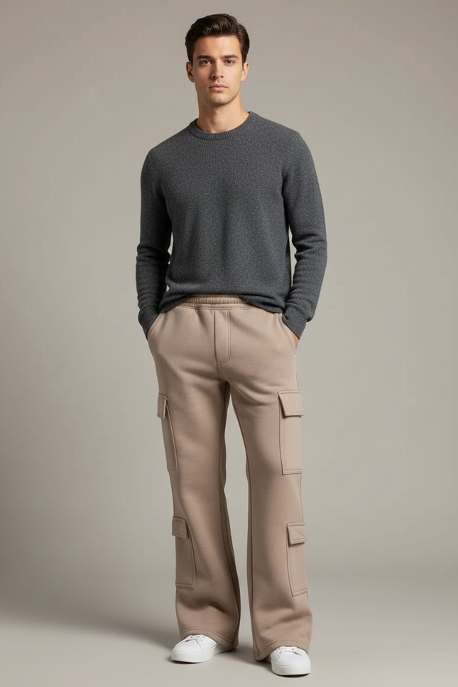 Pantalon Patte D'Éléphant Beige Cargo Ample Décontracté Homme - Molleton