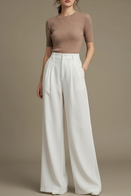 Pantalon Patte D'Éléphant Blanc Ample Taille Haute Décontracté - Lin