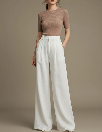 Pantalon Patte D'Éléphant Blanc Ample Taille Haute Décontracté - Lin
