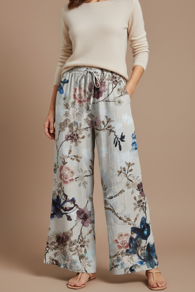 Pantalon Patte D'Éléphant Beige Floral Fluide Cordon Ample - Lin