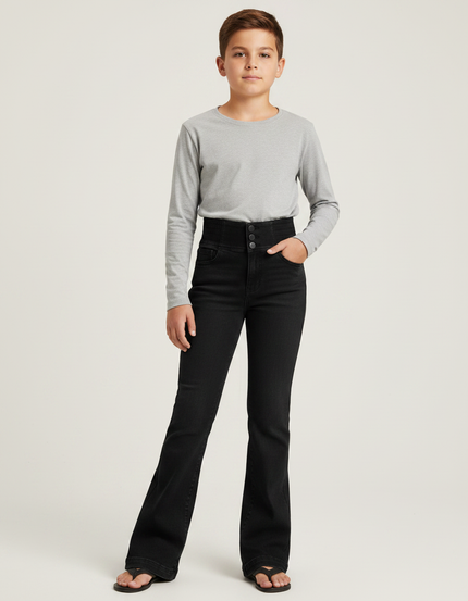 Pantalon Patte D'Éléphant Noir Élasthanne Taille Haute Boutons - Jean