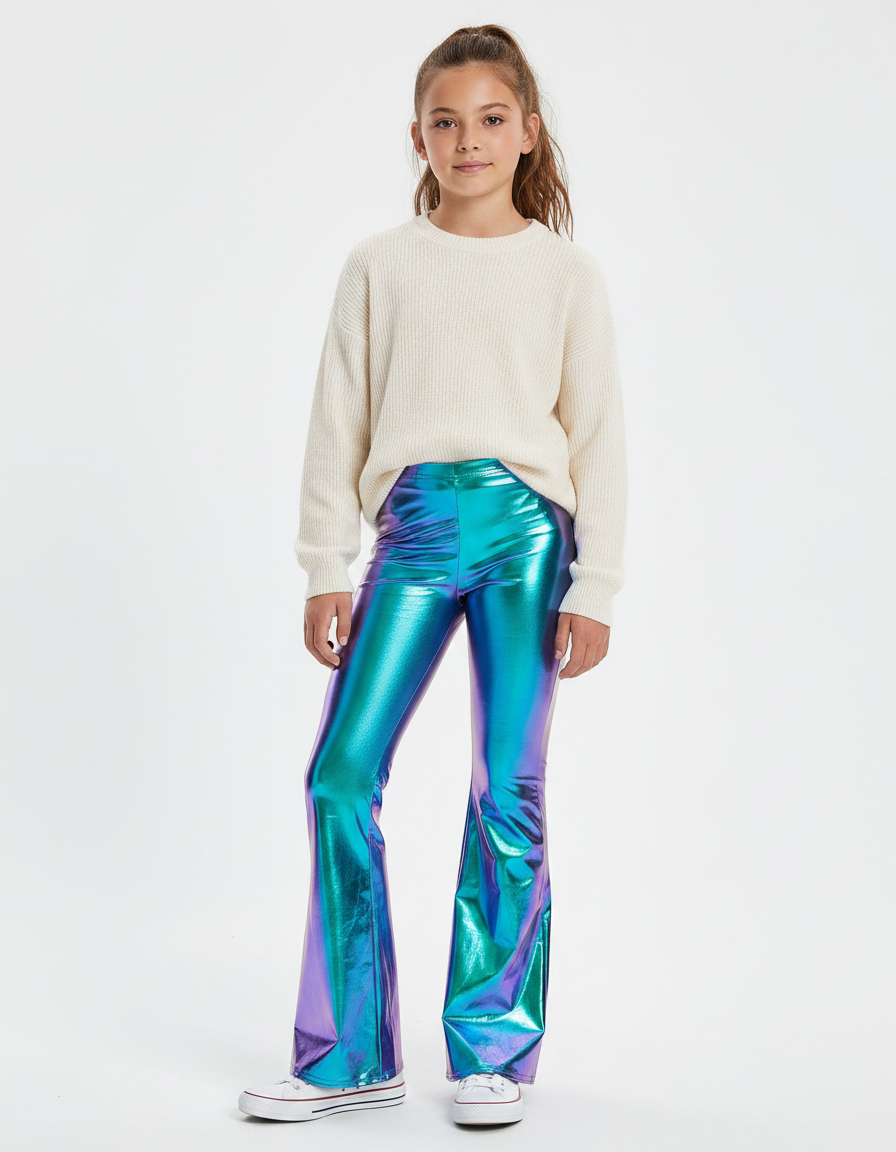 Pantalon Patte D'Éléphant Holographique Brillant Métallisé Évasé - Multicolore Polyester