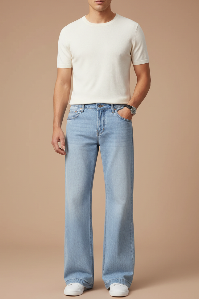 Pantalon Patte D'Éléphant Bleu Clair Droit Décontracté Denim - Jean