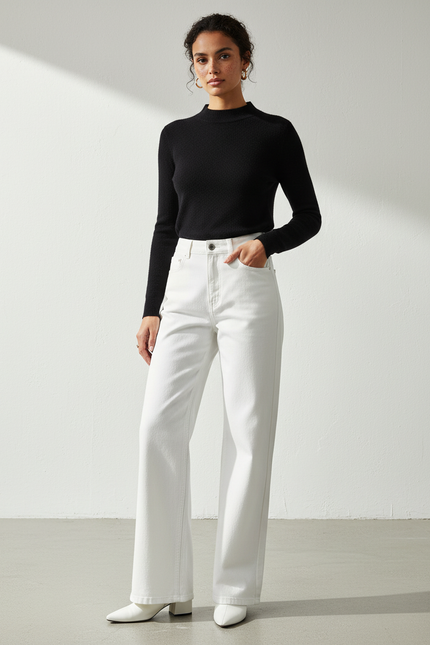 Pantalon Patte D'Éléphant Blanc Taille Haute Décontracté - Jean