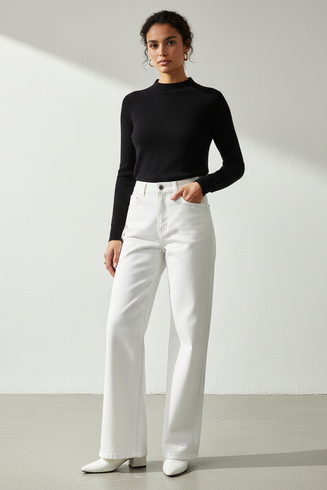 Pantalon Patte D'Éléphant Blanc Taille Haute Décontracté - Jean