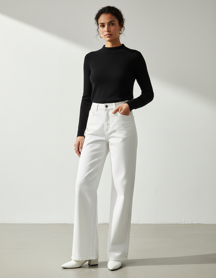 Pantalon Patte D'Éléphant Blanc Taille Haute Décontracté - Jean