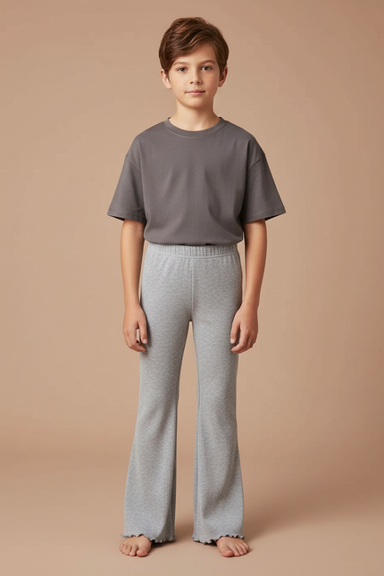 Pantalon Patte D'Éléphant Côtelé Gris Évasé Confortable - Maille