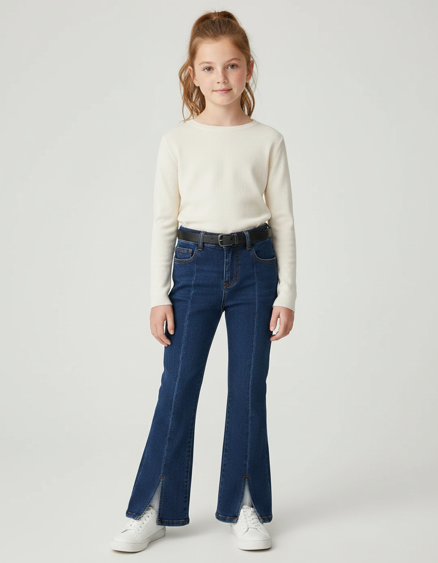 Pantalon Patte D'Éléphant Denim Bleu Évasé Enfant Fendu - Jean