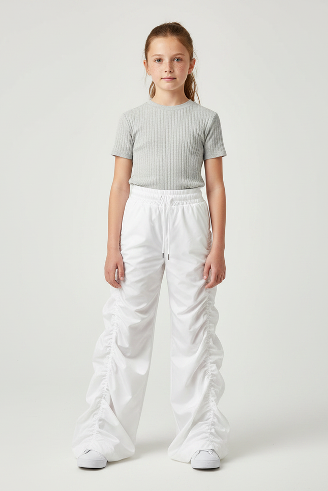 Pantalon Patte D'Éléphant Blanc Ample Froncé Casual Fille - Polyester