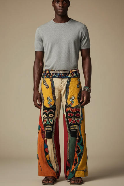Pantalon Patte D'Éléphant Ethnique Imprimé Totem Africain Ample Homme - Multicolore Lin