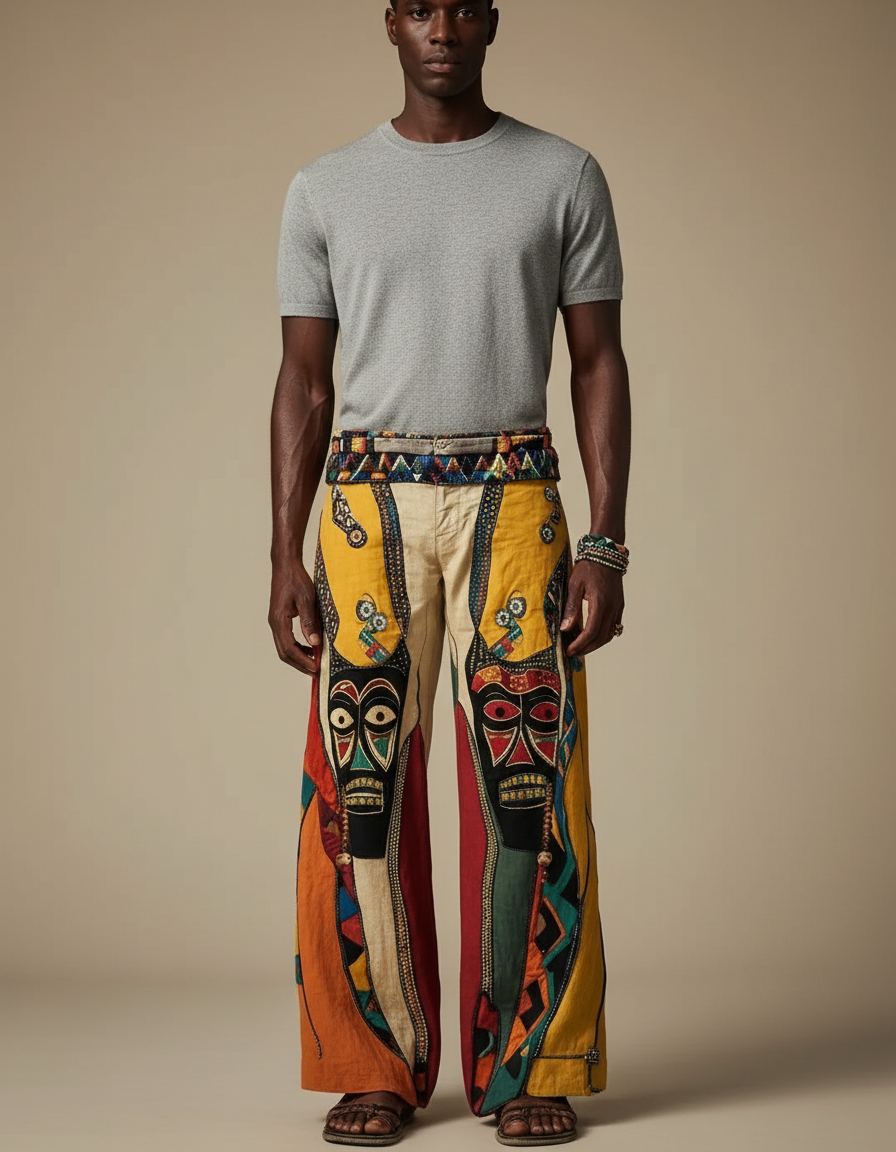 Pantalon Patte D'Éléphant Ethnique Imprimé Totem Africain Ample Homme - Multicolore Lin