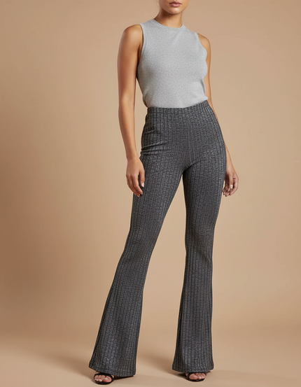 Pantalon Patte D'Éléphant Gris Côtelé Brillant Taille Haute Ajusté - Maille