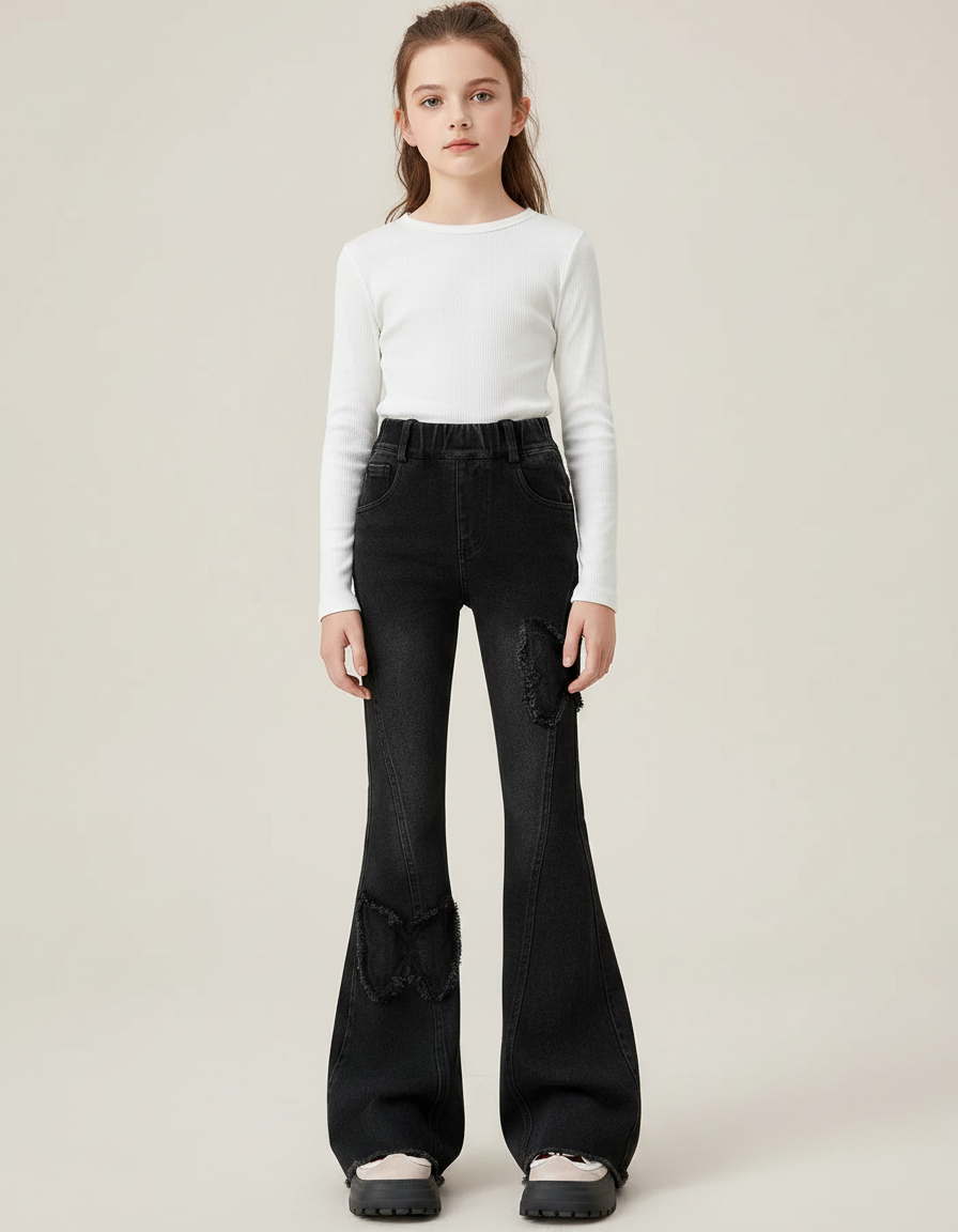 Pantalon Patte D'Éléphant Noir Vintage Papillon Fille - Jean