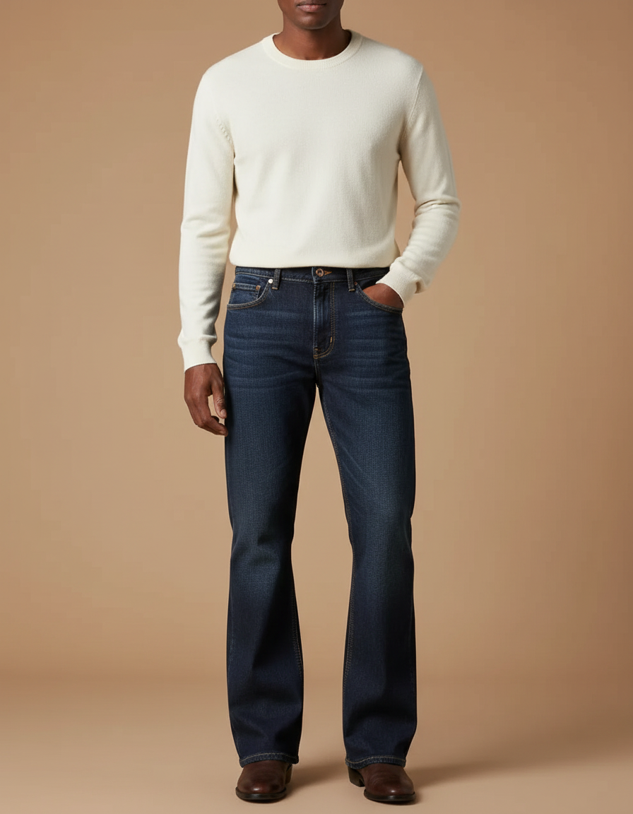 Pantalon Patte D'Éléphant Homme Jean Bleu Classique Délavé - Marine