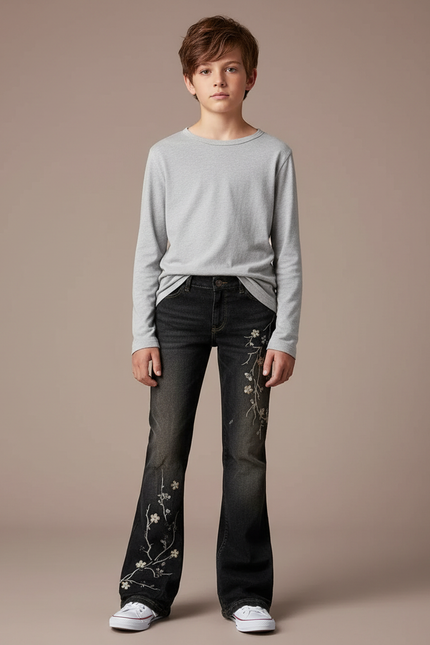 Pantalon Patte D'Éléphant Noir Brodé Fleuri Décontracté Enfant - Jean