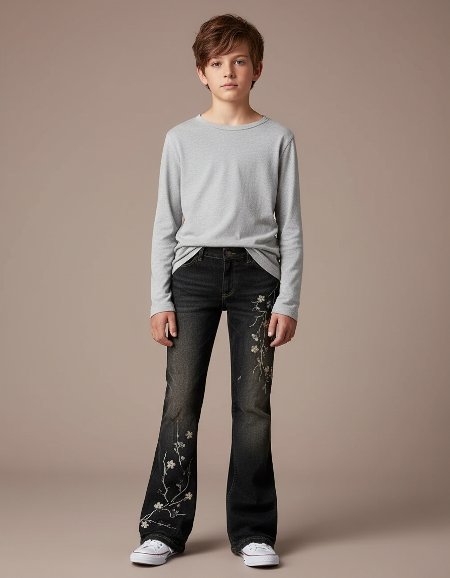 Pantalon Patte D'Éléphant Noir Brodé Fleuri Décontracté Enfant - Jean
