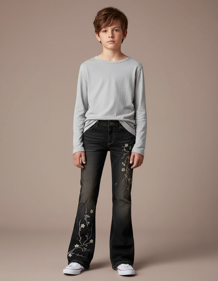 Pantalon Patte D'Éléphant Noir Brodé Fleuri Décontracté Enfant - Jean