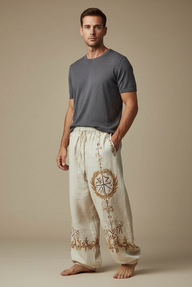 Pantalon Patte D'Éléphant Lin Ample Ethnique Brodé Homme - Beige