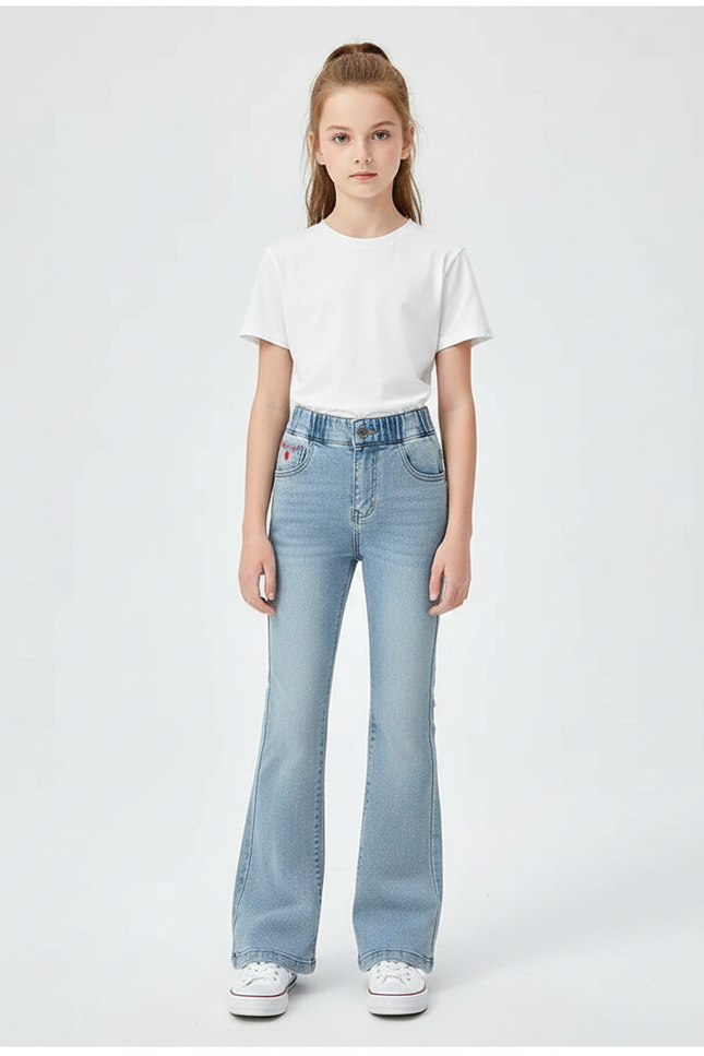 Pantalon Patte D'Éléphant Jean Bleu Clair Évasé Cœur Fille