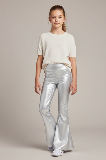 Pantalon Patte D'Éléphant Argenté Brillant Évasé Fille - Simili cuir