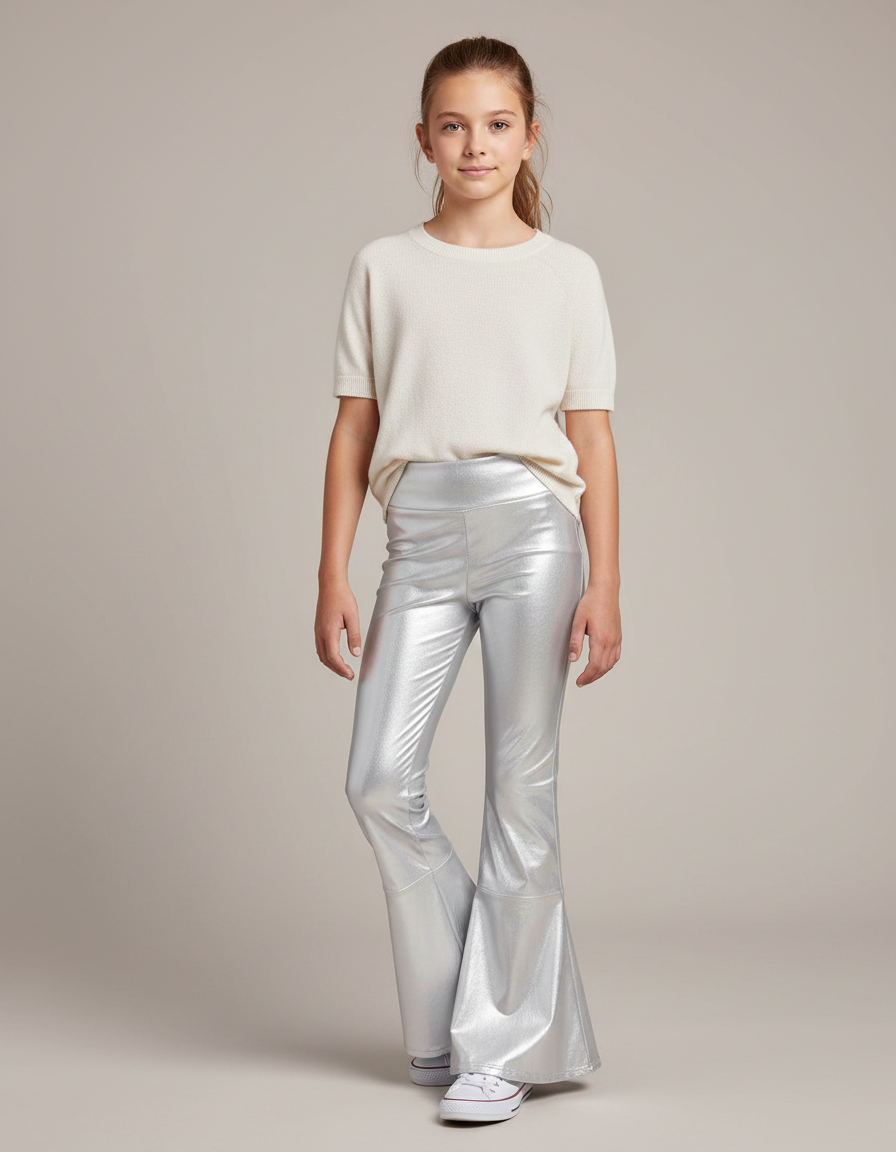 Pantalon Patte D'Éléphant Argenté Brillant Évasé Fille - Simili cuir