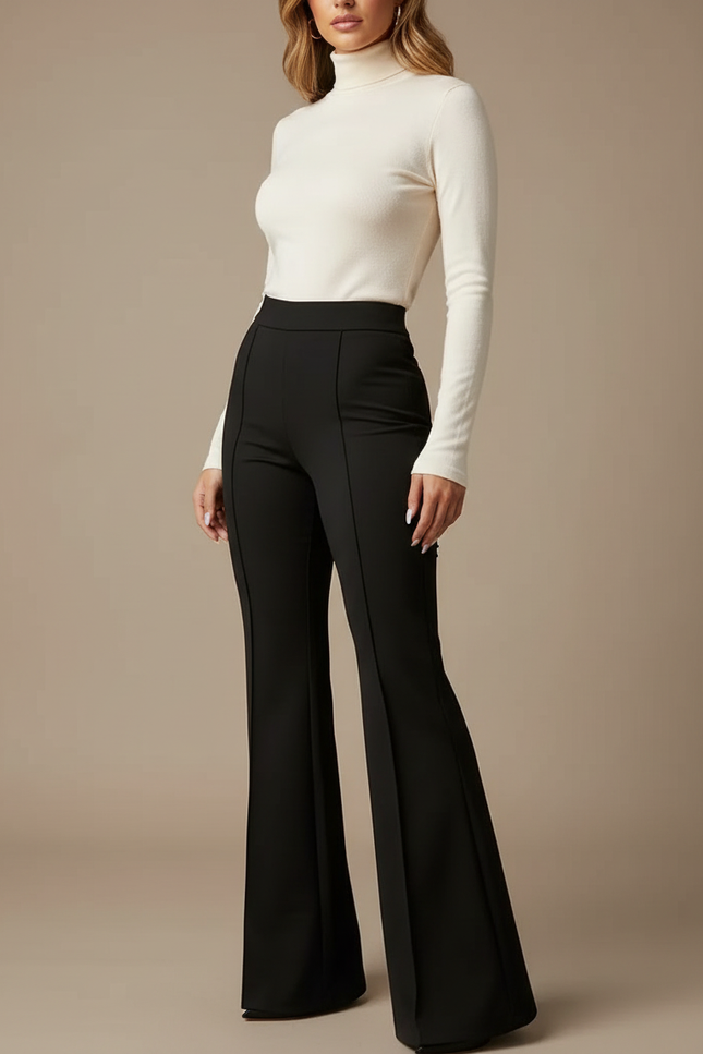 Pantalon Patte D'Éléphant Noir Taille Haute Élégant Fluide - Polyester