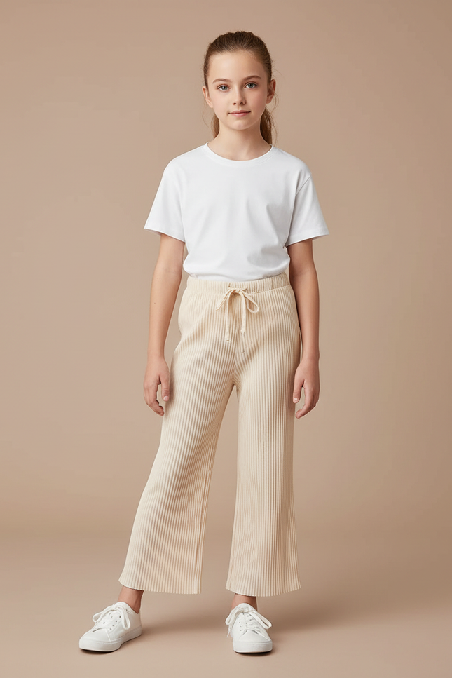 Pantalon Patte D'Éléphant Beige Côtelé Fluide Décontracté Enfant - Maille