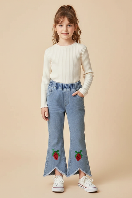 Pantalon Patte D'Éléphant Denim Évasé Fraise Fille - Bleu Jean