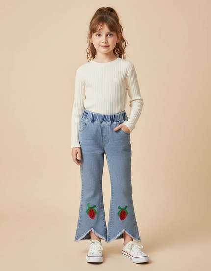 Pantalon Patte D'Éléphant Denim Évasé Fraise Fille - Bleu Jean