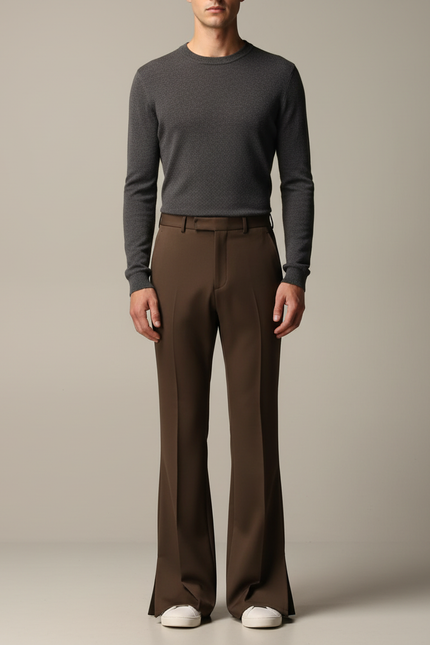 Pantalon Patte D'éléphant Avec Fente - Marron Gabardine