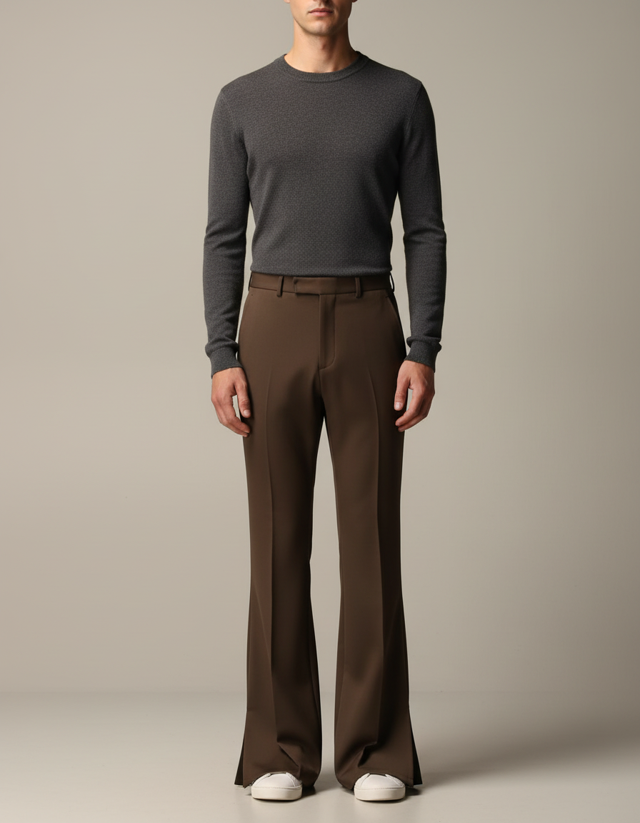 Pantalon Patte D'éléphant Avec Fente - Marron Gabardine