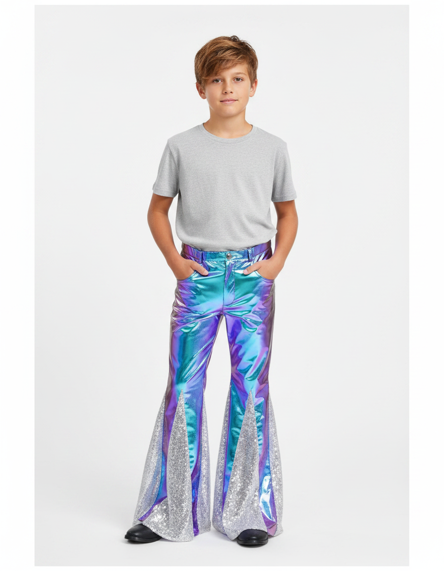 Pantalon Patte D'Éléphant Holographique Paillettes Argentées Enfant - Multicolore Simili cuir