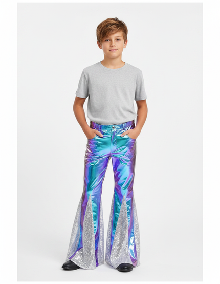 Pantalon Patte D'Éléphant Holographique Paillettes Argentées Enfant - Multicolore Simili cuir