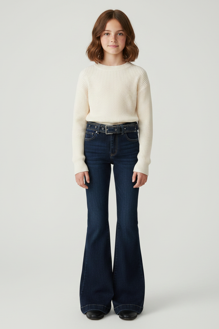 Pantalon Patte D'Éléphant Jean Bleu Foncé Ceinturé Évasé - Marine