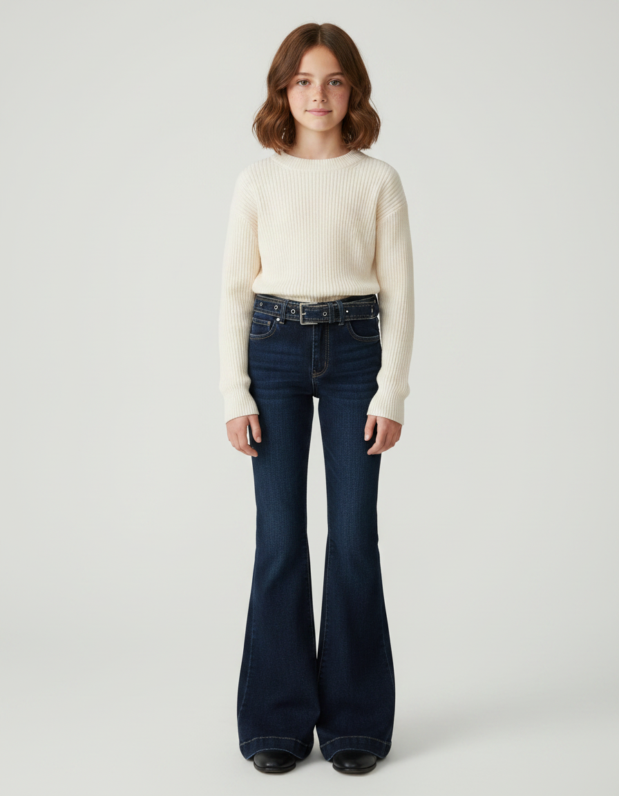 Pantalon Patte D'Éléphant Jean Bleu Foncé Ceinturé Évasé - Marine