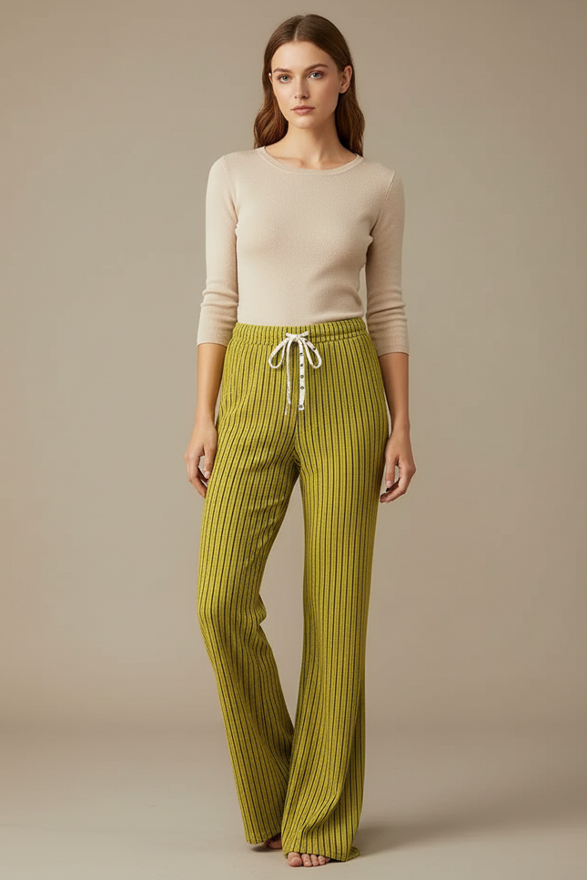 Pantalon Patte D'Éléphant Vert Cordon Rayé Fluide Décontracté - Maille