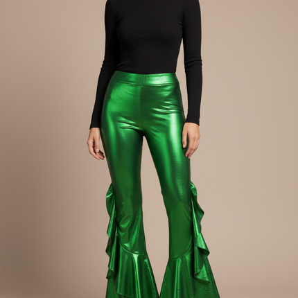 Pantalon Patte D'Éléphant Vert Métallique Volants Évasé Sexy - Simili cuir