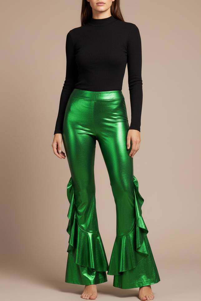 Pantalon Patte D'Éléphant Vert Métallique Volants Évasé Sexy - Simili cuir