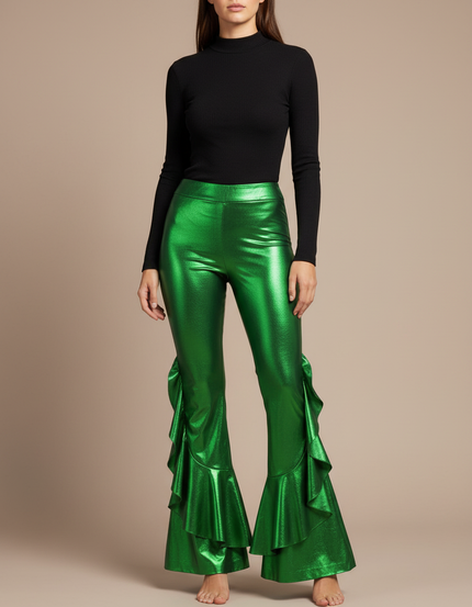 Pantalon Patte D'Éléphant Vert Métallique Volants Évasé Sexy - Simili cuir