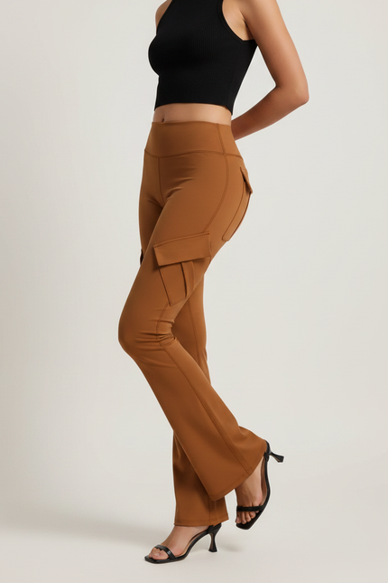 Pantalon Patte D'Éléphant Marron Cargo Taille Haute Évasé - Polyester