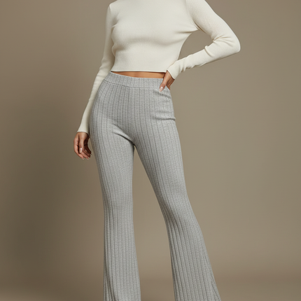 Pantalon Patte D'Éléphant Gris Côtelé Élastique Confortable - Maille