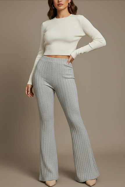 Pantalon Patte D'Éléphant Gris Côtelé Élastique Confortable - Maille