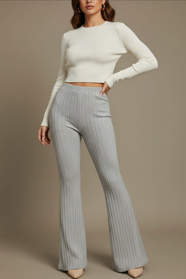 Pantalon Patte D'Éléphant Gris Côtelé Élastique Confortable - Maille