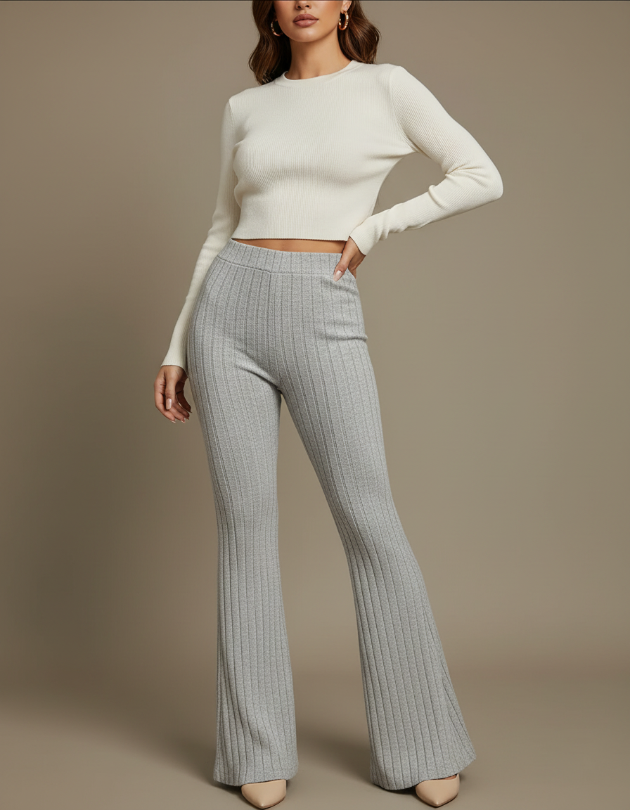 Pantalon Patte D'Éléphant Gris Côtelé Élastique Confortable - Maille