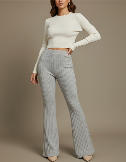Pantalon Patte D'Éléphant Gris Côtelé Élastique Confortable - Maille